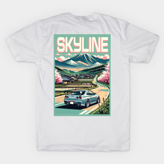 BACK PRINT - Skyline R34 driving through the Countryside T-Shirt by Gab Designs Stuff